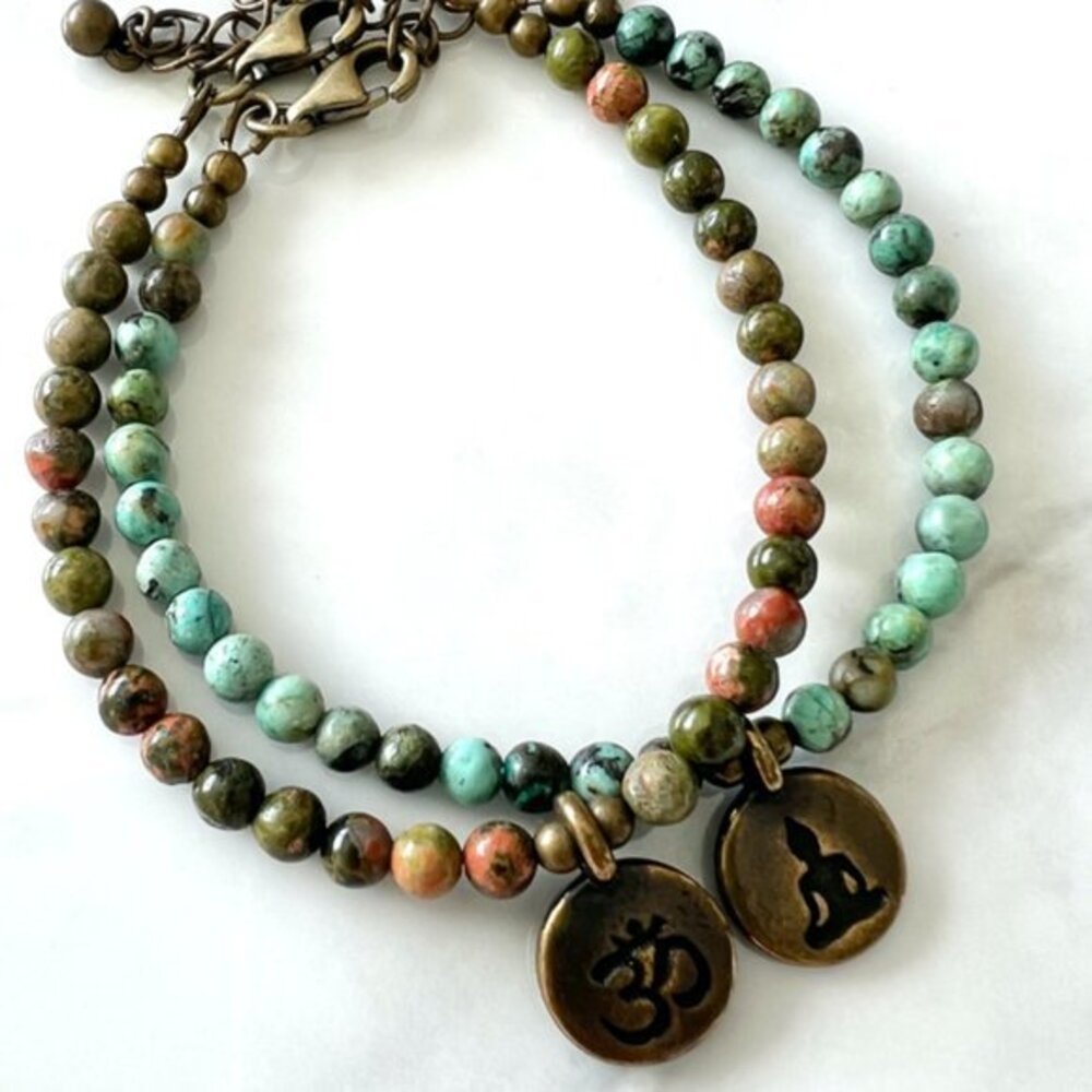 Set of 2 Yoga Bracelets Beaded Gemstone Bracelet Om Charm
